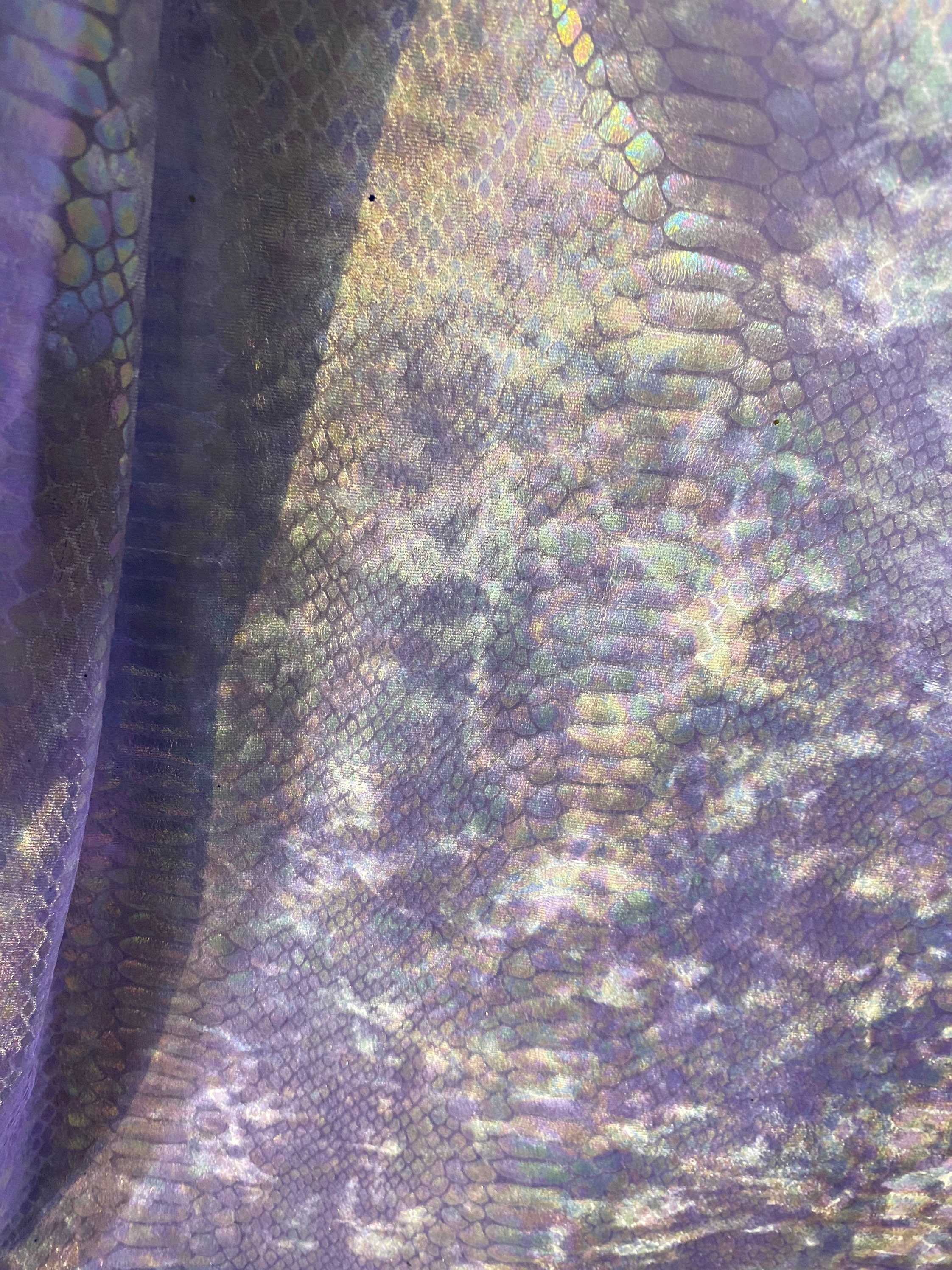 Light purple Iridescent Snake Print on Nylon Spandex four way stretch Fabric sold by the yard