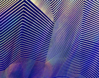 Iridescent geometric lines on blue nylon spandex four way stretch fabric sold by the yard