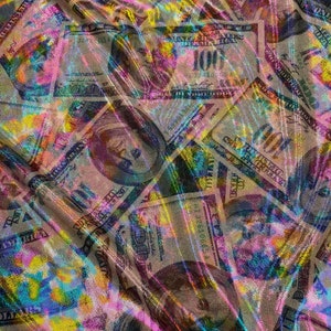 100 Dollar bill with Multicolor Metallic Money Print on Spandex four-way stretch Fabric Sold by the Yard
