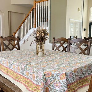 Hand Block Printed Tablecloth: Boho Floral Cotton Table Linen
