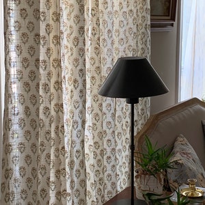 Pinch Pleat Curtains: White Cotton Block Print, Vintage Ethnic Design