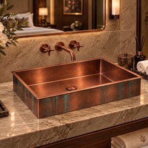 Handmade Copper Vessel Sink, Green Patina Bathroom Sink, Rectangular Copper Basin, Rustic Vanity Sink, Moroccan Bathroom Decor