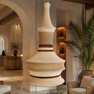 Moroccan Macrame Pendant Light, Boho Chandelier, Woven Ceiling Lamp, Crochet Hanging Light, Custom Color Statement Lighting