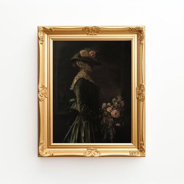 Elegant Victorian Lady Art Print, Classic Fashion Portrait with Floral Hat, Antique Style Woman with Flowers Wall Decor, Vintage Artwork