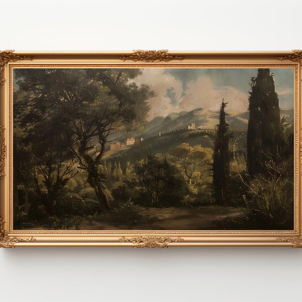 Vintage Italian Landscape Painting, Antique Tuscany Scenery Art Print, Rustic Villa Wall Decor, Classical Countryside Art for Home Office