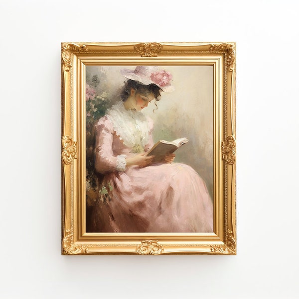 Victorian Lady in Pink Dress Reading Book, Classic Romantic Oil Painting Art Print, Elegant Feminine Wall Decor, Vintage Style Home Decor