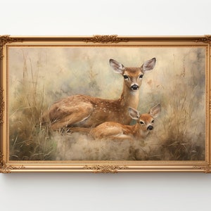 Cautivante impresión de arte digital de gama y cervatillo, decoración rústica de la pared de vida silvestre, pintura de animales del bosque sereno, obras de arte caseras inspiradas en la naturaleza