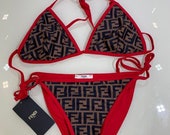 Fendi Brown and Red Luxury Monogram Bikini