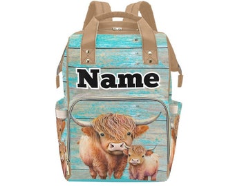 Highland vaca bolsa de pañales bebé niño o niña, bolsa de pañales regalo personalizado, bolsa de pañales impresión bebé ducha regalo mamá papá bolso de vaquero bolso de vaquera
