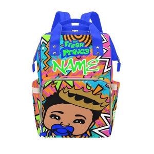 Fresh Prince Baby boy Backpack Personalized Diaper Clothing Bottles Bag Print Baby Shower Gift Mommy Daddy African American light skinned