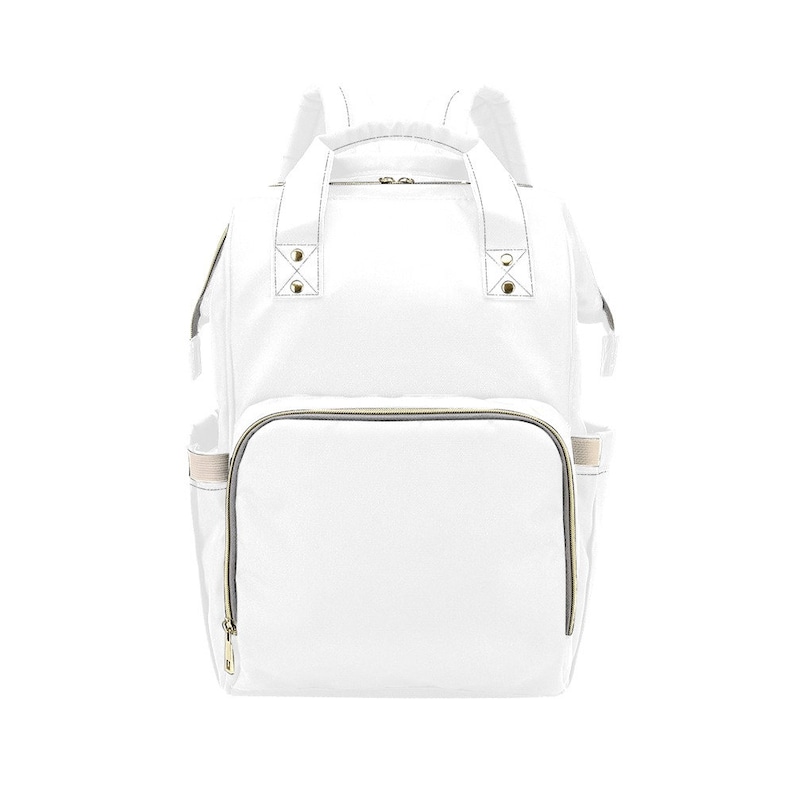 May include: White canvas diaper bag backpack with gold zipper accents and a large front pocket.