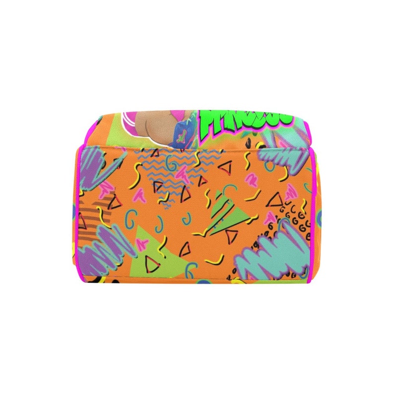 May include: Orange and green duffel bag with a pink trim. The bag has a 90s style geometric pattern with the word "Fresh" printed on the top.