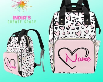 Heart Leopard Print Personalized Diaper Bag Backpack
