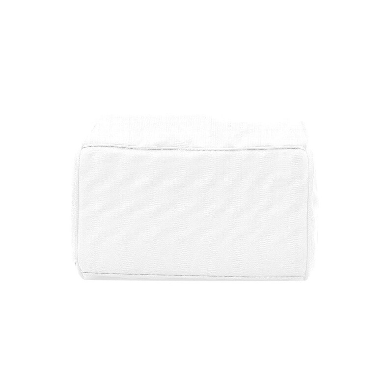 May include: White canvas tote bag with a zipper closure.