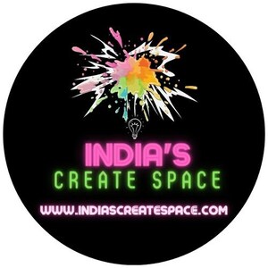 May include: A black circle with a colorful paint splatter design and the text "India's Create Space" in pink and green neon lettering. The website address "www.indiascreatespace.com" is also displayed in pink neon lettering.