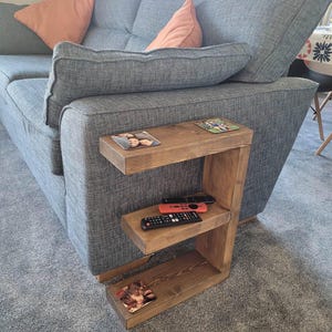 Handmade Slim Wood Side Table: E Shape Rustic End Table