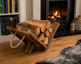 Soporte para leña de madera reciclada con asas de cuerda / Cesta rústica para almacenar leña