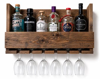 Estante de bar personalizado de madera reciclada / Botellero de pared con soporte para vasos