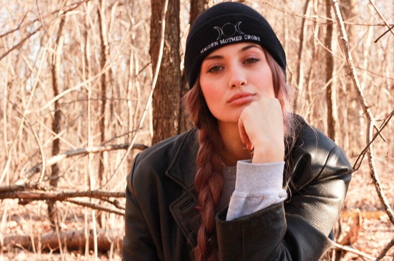 Womens Clothing Goddess Embroidered Beanie Hat Toque Maiden Mother Crone Triple Goddess Wicca Themed