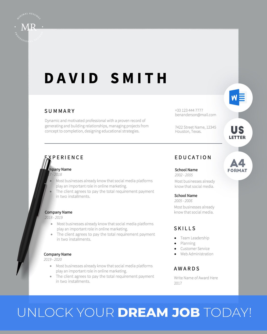 Executive Resume Template CV Template Minimalist - Etsy Hong Kong