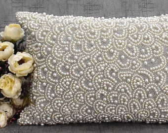 White Silver Pearl Throw Pillow Cover Luxury Contemporary Modern Toss Pillow Cover Hand Embroidered Embellished Custom Accent Personalised