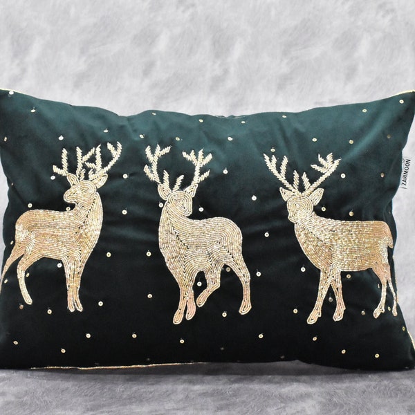 ALLE GRÖSSEN Weihnachten Rentier Dunkelgrün Gold Perlen Dekokissenbezug Samt Luxus Modernes Kissen Gestickt Verschönert Akzentkissen
