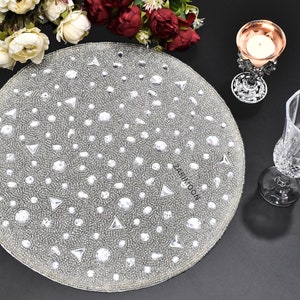 Handmade Beaded Placemat: Silver Crystal Charger Plate, Table Decor