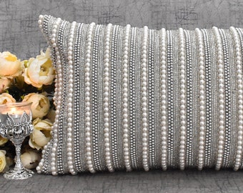 Hand Embroidered Pearl Pillow Cover: Luxury Silver Beaded Accent