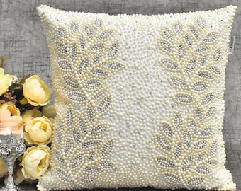Off White Pearl Throw Pillow Cover Luxury Contemporary Modern Toss Pillow Cover Hand Embroidered Embellished Custom Accent Personalised Gift