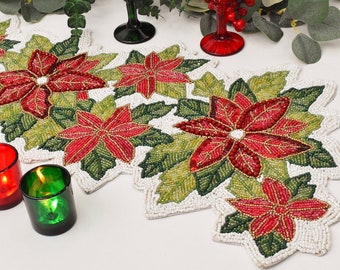 Camino de mesa artesanal con cuentas, diseño floral navideño, 33 x 91 cm, camino de mesa multicolor con cuentas, centro de mesa, mantel individual, regalo de decoración para el hogar