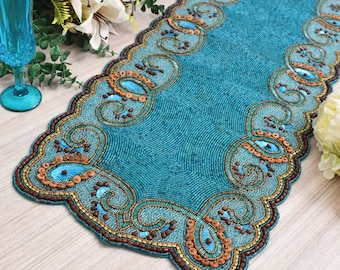 Handmade table runner, beaded table runner, Greenish Blue multi color, luxury beaded mat, hand beaded runner, Table Mat, Gift For Her Gift