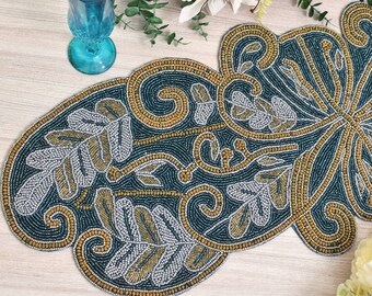 Handmade table runner, beaded table runner, Green Gold, 13x36inch luxury beaded mat, hand beaded runner, Table Mat, Gift For Her Gift