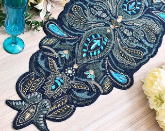 Handmade table runner, beaded table runner, Blue multi colour, 13x36inch luxury beaded mat, hand beaded runner, Table Mat, Gift For Her Gift