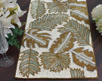 Handmade table runner, beaded table runner, Green Gold White leaf pattern multi colour, 13x36inch luxury beaded mat, hand beaded runner
