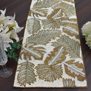 XL Handmade table runner, beaded table runner, Green Gold White leaf pattern multi colour, 13x36, 13X60, 13X72, 13X90 inch luxury beaded mat