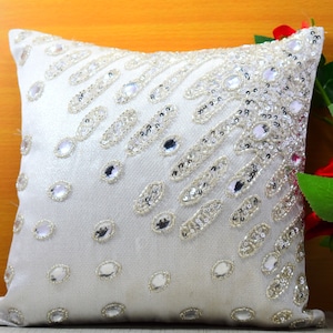 White Silver Crystal Beaded Throw Pillow Cover Luxury Contemporary Modern Toss Pillow Silk Embroidered Embellished Custom Personalized Gift