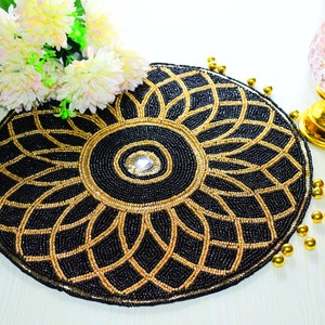 Black gold handmade beaded placemat, beaded tablemat, 14 inch, beaded charger placemats, gift for her, embroidered placemat by zarimoon