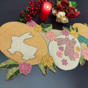 Easter bunny and Easter egg beaded table runner, multicolour 13x36inch, centerpiece multicolorhalloween runner