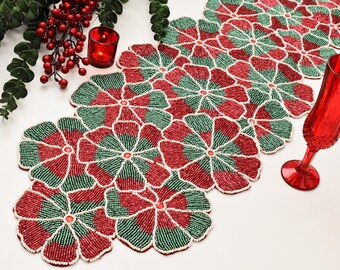 Handgemaakte tafelloper met kralen, kerstbloemen, 13 x 36 inch, roodgroene tafelloper met kralen, middenstuk, tafelkleed, tafeldecoratie cadeau