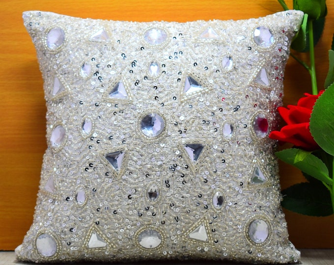 White Silver Shiny Crystal Beaded Throw Pillow Cover Luxury Contemporary Modern Toss Pillow Silk Embroidered Embellished Custom Personalized