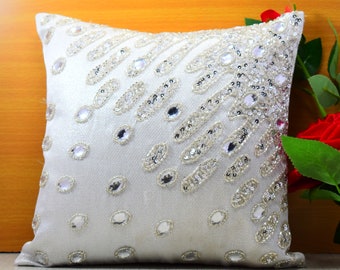 White Silver Crystal Beaded Throw Pillow Cover Luxury Contemporary Modern Toss Pillow Silk Embroidered Embellished Custom Personalized Gift
