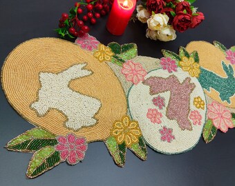 ALL SIZES Easter bunny and Easter egg beaded table runner, multicolour 13x36inch, centerpiece multicolorhalloween runner