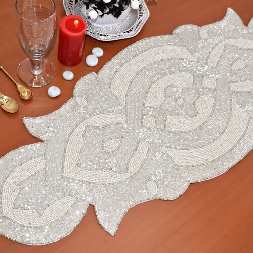 Silver & White Regatta Handmade Table Runner Hand Beaded Etsy UK