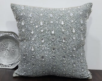 Grey silver Sparkly Throw Pillow cover Luxury Contemporary Modern Beaded Pillow cover Hand Embroidered Embellished Custom Personalised Gift