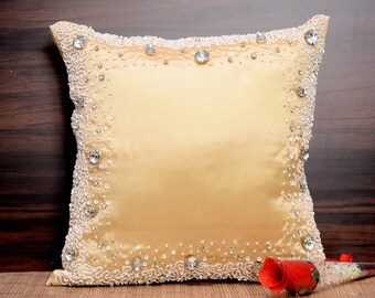 Gold Beaded Throw Cushion Cover Luxury Contemporary Modern Toss Pillow Hand Embroidered Embellished Custom Accent Personalised
