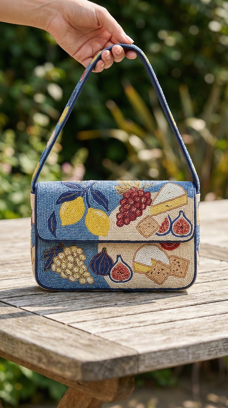 Mediterranean Charcuterie Picnic Beaded Blue and Cream Shoulder Bag ...