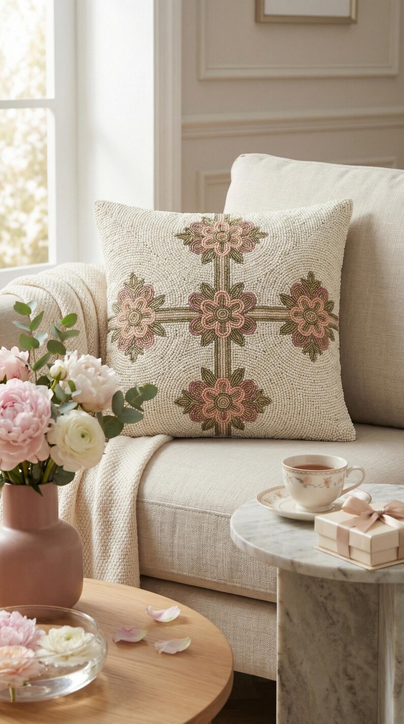 ALL SIZES Dusty Rose and Olive Green Hand-beaded Floral Throw Pillow ...