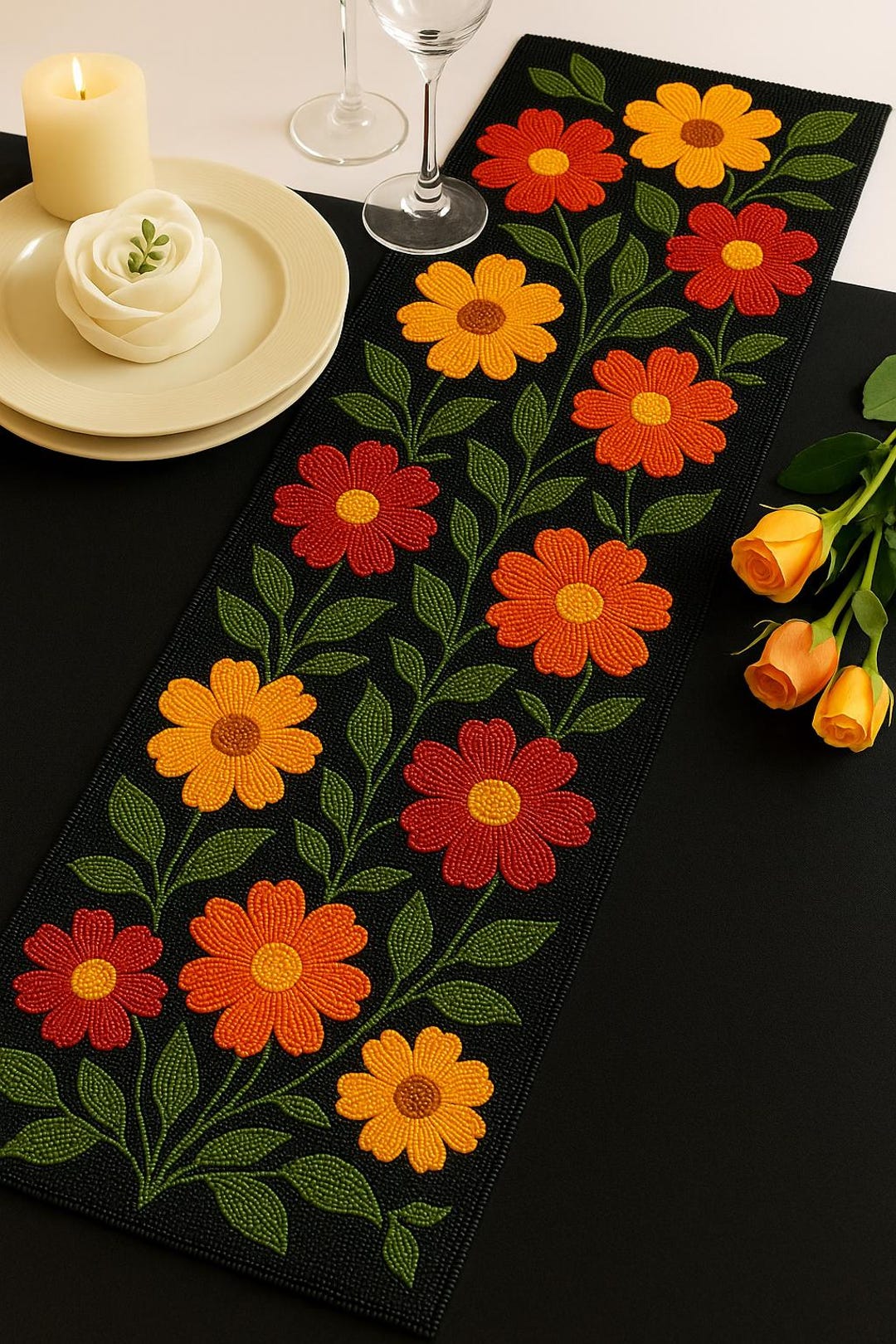 Floral Beaded Table Runner 13x36 | Handmade Black Beaded Runner | Red ...