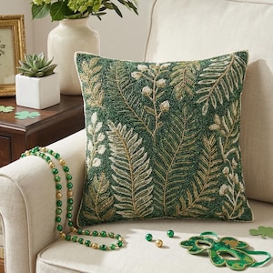 ALLE SIZES Hand-Perlen Botanischer Farn Deko-Kissen - Smaragdgrün, Salbei & Gold