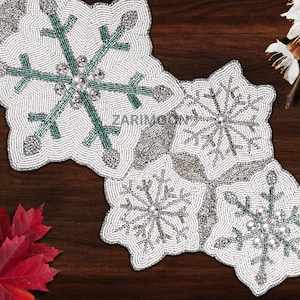 Christmas white handmade table runner, beaded table runner, white fall table mat beaded charger 13x36inch Gift